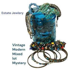 Estate Jewlery Blue Mason jar  Blue and Silver Beaded mixed lot and Craftable